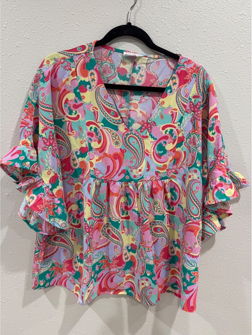 Emily Wonder Paisley Babydoll Blouse M Ruffle Sleeve Colorful Boho Retr